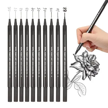 10 Размер Черных чернильных ручек Micro Fineliner 0,05 0,1 0,2 0,3 0,4 0,5 Наконечник кисти для рисования художником эскизов технических рисунков