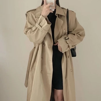 2022 женское корейское шикарное осеннее двубортное пальто с лацканами в стиле ретро, тонкий длинный тренч, женская элегантная куртка миди