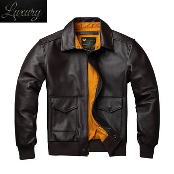2024 Новая Мужская куртка из натуральной кожи Верхнего слоя, Военный пилот ВВС, темно-коричневое пальто Оверсайз