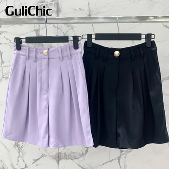 7,1 GuliChic женские темпераментные повседневные свободные удобные шорты с драпировкой на золотых пуговицах