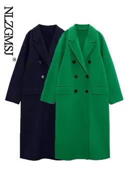 Nlzgmsj 2023 Модная шерстяная куртка, пальто, женская ретро-куртка с Лацканами, длинный рукав, Двубортная Длинная верхняя одежда, шикарные топы