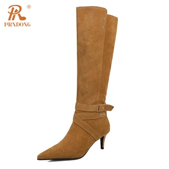 PRXDONG/ Новый бренд, осенне-зимние теплые сапоги до колена Для женщин, сапоги на высоком каблуке с острым носком, черные, коричневые, вечерние, женские туфли, Размер 39