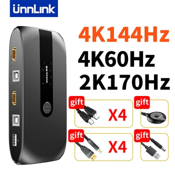 Unnlink HDMI KVM Коммутатор 4 Порта 4K 144Hz 60Hz Видеопереключатель с Контроллером для 4 Компьютеров с общим доступом 4 USB Мыши Клавиатуры Монитора