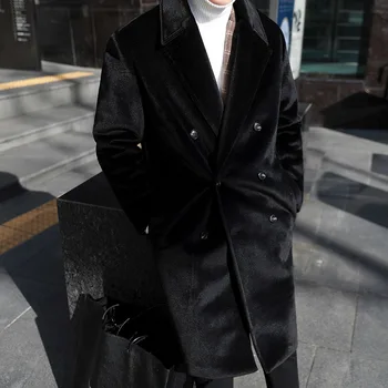 Вертикальное флисовое Меховое пальто Мужская корейская версия Тренч Зимний утолщенный шерстяной тренч средней длины Свободного кроя пальто