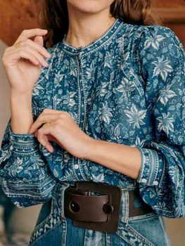 Женская Рубашка с принтом Лилии Пейсли, Однобортный воротник-стойка в этническом стиле, осень 2023, женская блузка с рукавом-фонариком