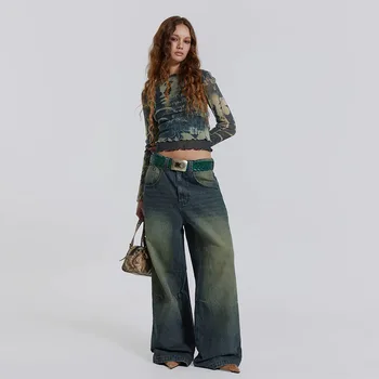 Женские Винтажные джинсы с цветным блоком, Выстиранные, Уличные, Свободные, со средней талией, Модные Корейские Повседневные Широкие брюки Y2K