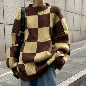 Женский осенне-зимний свитер в японском Ленивом стиле, свитер в клетку в клетку с длинным рукавом Y2k, Уличная одежда, Универсальные джемперы