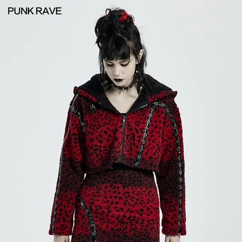 Женское Леопардовое короткое пальто в стиле панк-рейв, повседневная одежда, зимняя толстая теплая куртка Свободного кроя из чистого кашемира на молнии с капюшоном, Черный и красный