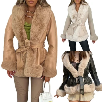 Женское пальто из искусственной кожи с поясом, Парка с длинным рукавом и V-образным вырезом, Зимнее теплое пальто