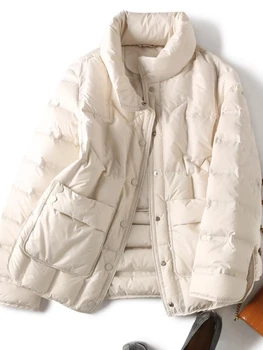 Зимнее Женское пальто на 90% Утином пуху, Повседневная Легкая куртка из перьев, Однобортная теплая верхняя одежда Parker, однотонная Верхняя одежда