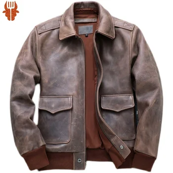 Коричневая осенняя мужская винтажная куртка формата А2 размера плюс 4XL в стиле милитари из натуральной толстой воловьей кожи, авиационные пальто из натуральной кожи