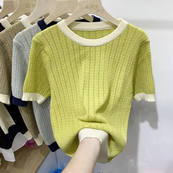 Летний Новый контрастный свитер контрастного цвета, Женский свитер с коротким рукавом, Свободный свитер в стиле Idle