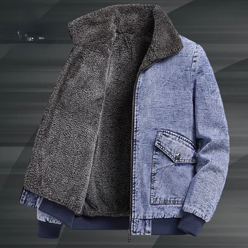Мужская Джинсовая куртка, Теплая Зимняя повседневная куртка-бомбер, Мужская Ковбойская куртка в корейском стиле, Модная флисовая Винтажная одежда, Мужское джинсовое пальто E729