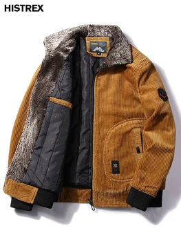 Мужские теплые зимние вельветовые куртки, толстая теплая ветровка большого размера, армейская куртка с меховым воротником, повседневная верхняя одежда, военные пальто