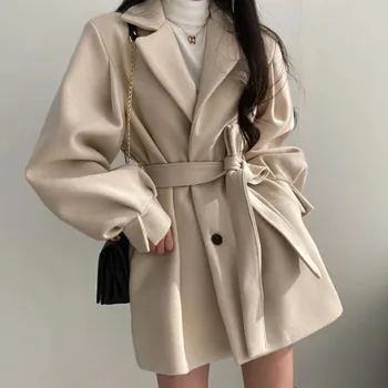 Новая корейская версия осенне-зимней одежды, Модное повседневное Свободное и тонкое шерстяное пальто, женский костюм средней длины, пальто с воротником