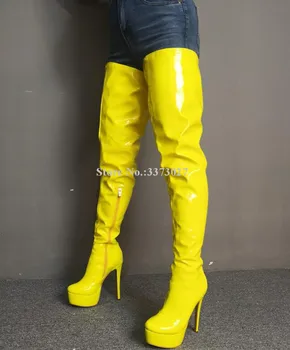 Новые желтые длинные сапоги на платформе из лакированной кожи, женские модные сапоги выше колена на шпильке, женские настоящие фотографии ботинок