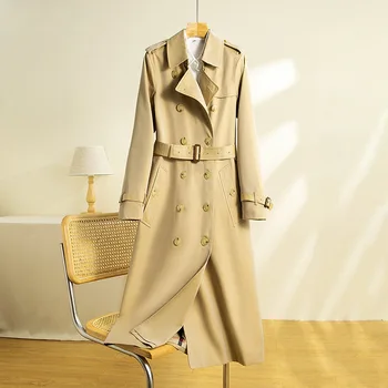 Новый британский тренч, женское пальто, классическая клетка, двубортный лацкан, водонепроницаемое высококачественное женское повседневное пальто свободной длины