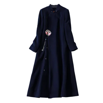 Осенне-зимнее женское шерстяное пальто в народном стиле Дзен, воротник-стойка, синее национальное ветровое ретро-пальто
