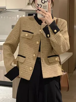 Осенние Куртки с длинным рукавом для женщин 2023, Корейский стиль, Однобортное Свободное Повседневное Короткое пальто, Женская Винтажная верхняя одежда