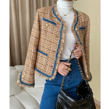 Осенняя джинсовая Контрастная Твидовая куртка с кисточками, Женская Однобортная короткая куртка с круглым вырезом и высокой талией